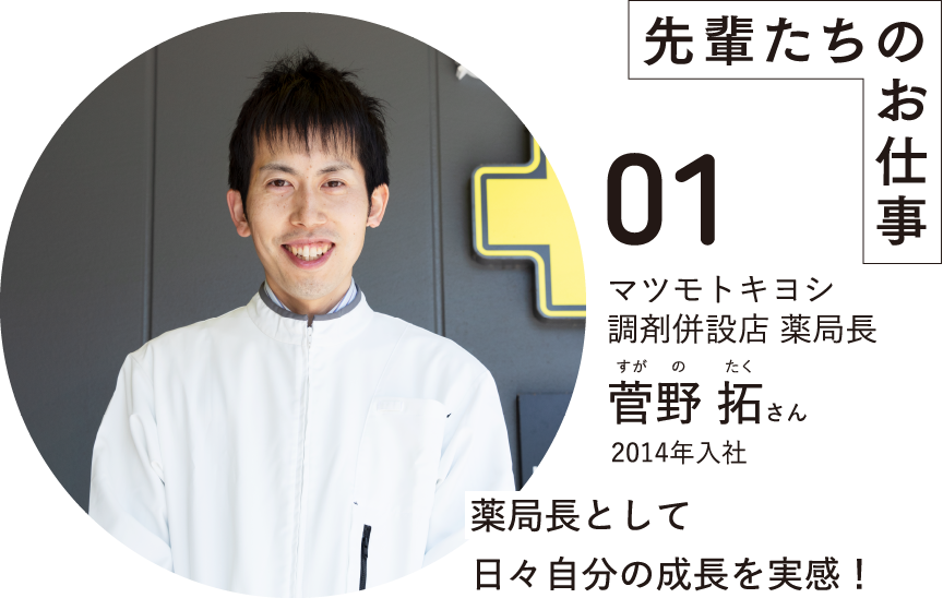 先輩たちのお仕事01マツモトキヨシ調剤併設店 薬局長菅野 拓さんすがのたく2014年入社薬局長として日々自分の成長を実感！