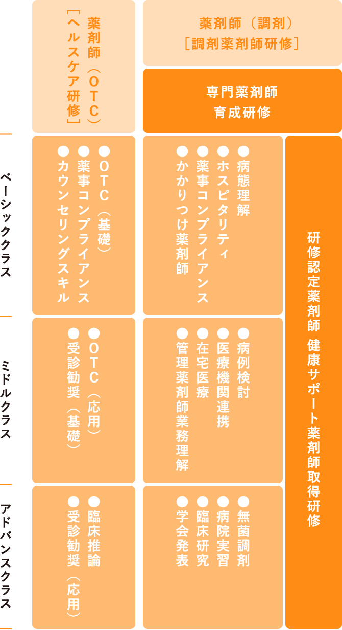ベーシッククラスミドルクラスアドバンスクラス薬剤師（OTC）［ヘルスケア研修］薬剤師（調剤）［調剤薬剤師研修］専門薬剤師育成研修●OTC（基礎）●薬事コンプライアンス●カウンセリングスキル●病態理解●ホスピタリティ●薬事コンプライアンス●かかりつけ薬剤師●OTC（応用）●受診勧奨（基礎）●病例検討●医療機関連携●在宅医療●管理薬剤師業務理解●臨床推論●受診勧奨（応用）●無菌調剤●病院実習●臨床研究●学会発表研修認定薬剤師 健康サポート薬剤師取得研修 